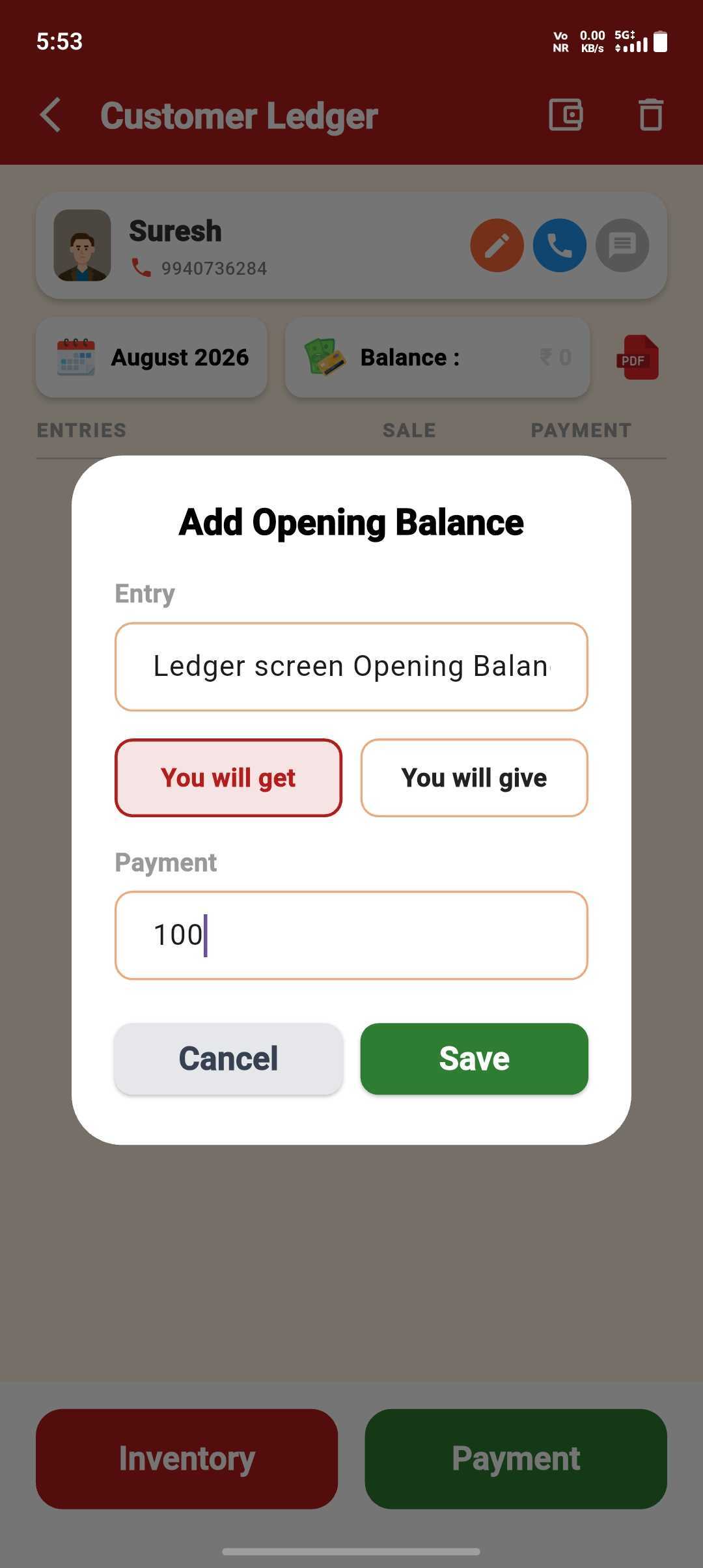 Customer Opening Balance — Customer Ledger Screen Opening Balance — step 4: Save Opening Balance